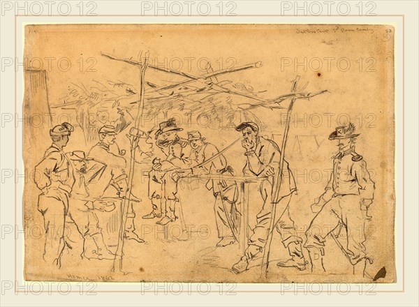 Winslow Homer, Sutler's Tent: 3rd Pennsylvania Cavalry [recto], American, 1836-1910, 1862, graphite and charcoal on wove paper