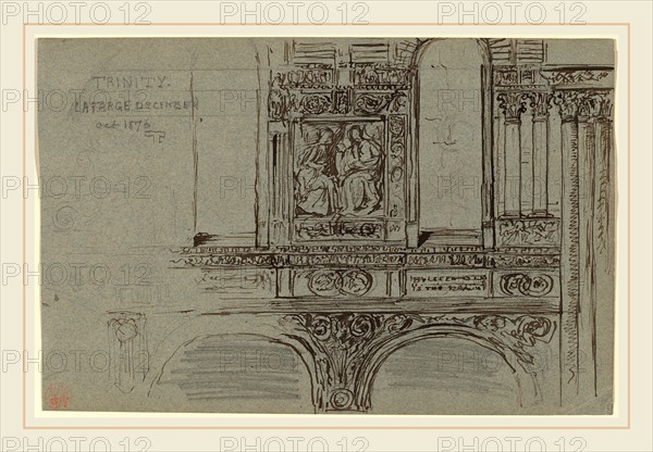 John La Farge, Trinity Church, Boston (nave)-Mural Study, American, 1835-1910, 1876, graphite, pen and brown ink, and brush and brown ink on gray-blue wove paper