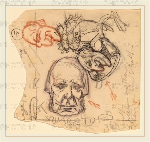 Elihu Vedder, Self-Portrait: Caricatures, American, 1836-1923, c. 1918, charcoal and pastel on wove paper