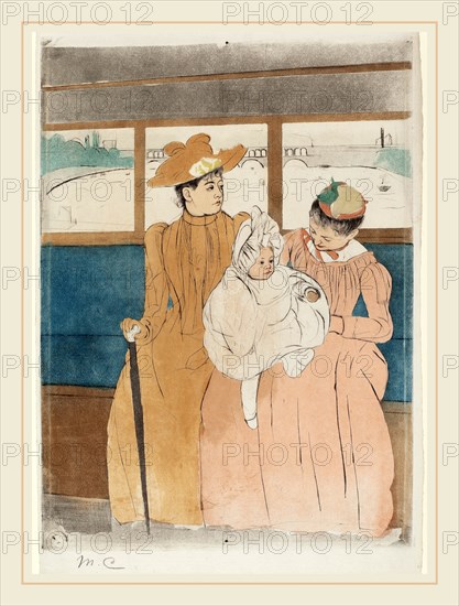 Mary Cassatt, In the Omnibus, American, 1844-1926, c. 1891, soft-ground etching, drypoint, and aquatint in blue, brown, tan, light orange, green, yellow-green, red, and black