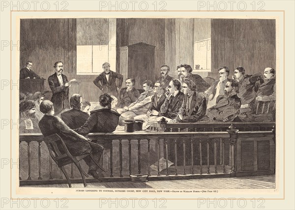 after Winslow Homer, Jurors Listening to Counsel, Supreme Court, New City Hall, New York, published 1869, wood engraving