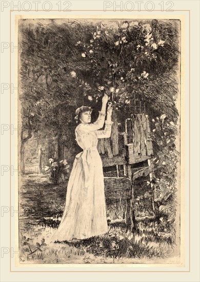 Charles Yardley Turner, Untitled (Woman Picking Blossoms), American, 1850-1918, c. 1890, etching and drypoint