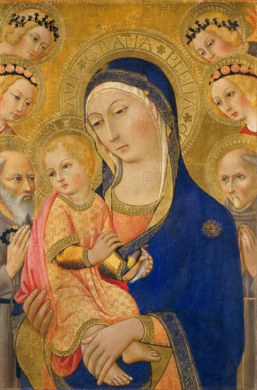 Sano di Pietro, Madonna and Child with Saint Jerome, Saint Bernardino, and Angels, Italian, 1405-1481, c. 1460-1470, tempera on panel