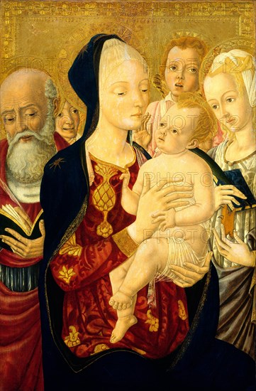 Matteo di Giovanni, Madonna and Child with Saint Jerome, Saint Catherine of Alexandria, and Angels, Italian, c. 1430-1497, c. 1465-1470, tempera on panel