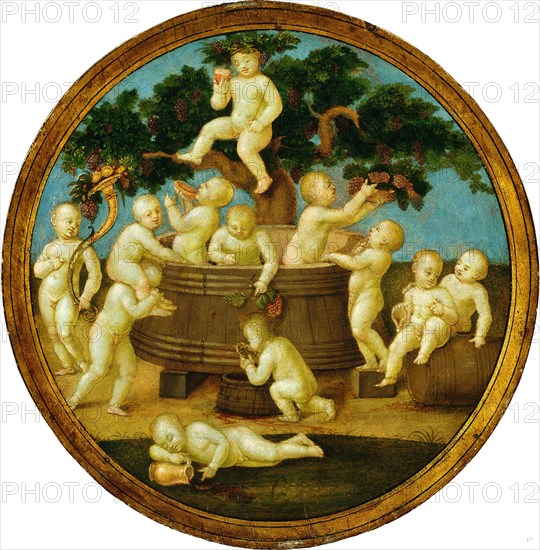Follower of Raphael, Putti with a Wine Press, c. 1500, oil on panel