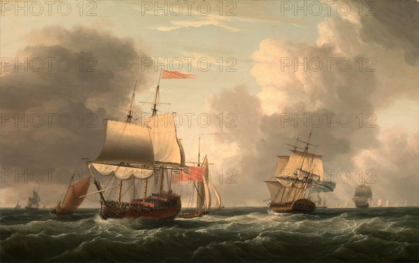 An English Two-Decker Lying Hove to, with Other Ships and Vessels in a Fresh Breeze Signed and dated in black on wood plank, lower right: "D. Serras 1770", Dominic Serres, 1722-1793, French