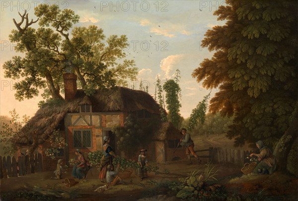 Hop Pickers Outside a Cottage Signed in light green paint, lower left: "Geo Smith", George Smith, 1714-1776, British