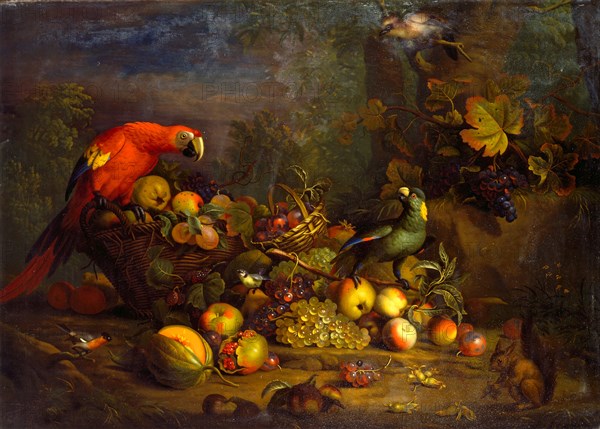 Parrots and Fruit with Other Birds and a Squirrel Signed, lower right: "T. Stranover", Tobias Stranover, 1684-after 1735, German