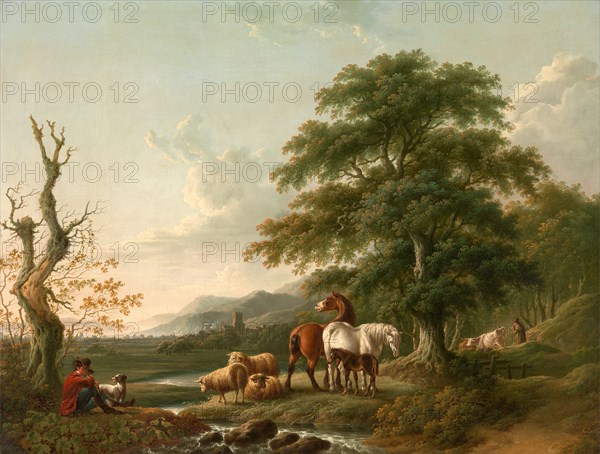 Landscape with a Shepherd Horses,Sheep and Cattle in a Romantic Landscape Signed on tree, lower left: "CT [monogram]", Charles Towne, 1763-1840, British
