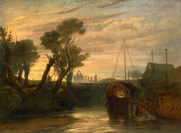 Newark Abbey Thames Lighter at Teddington Canal Scene with Barges The Lock--Glowing effect of Sunlight. From Lord de Tabley's Collection Newark Castle Newwark Abbey on the Vey, Joseph Mallord William Turner, 1775-1851, British