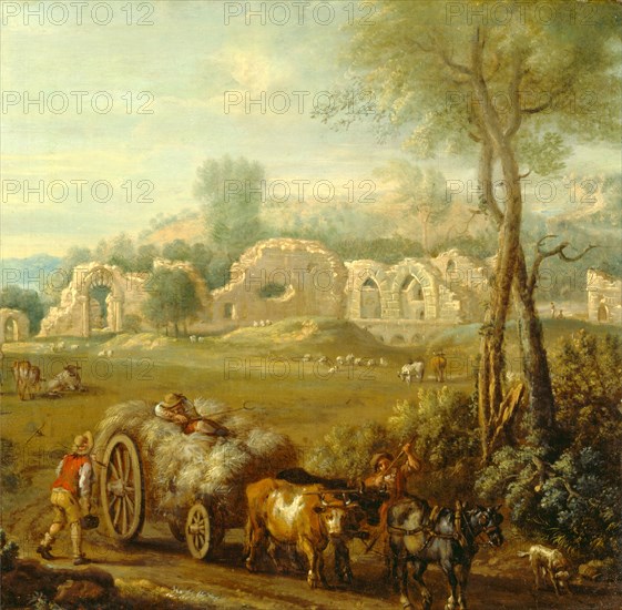 Haycart Passing a Ruined Abbey, John Wootton, 1682-1764, British