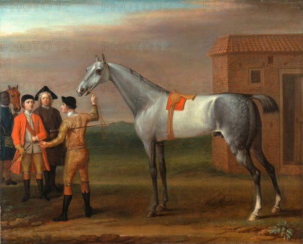 Lamprey, with His Owner Sir William Morgan, at Newmarket Lamprey at Newmarket, with a Group of Figures Including Sir William Morgan, his Owner Signed in brown paint, lower center: "J Wootton", John Wootton, 1682-1764, British