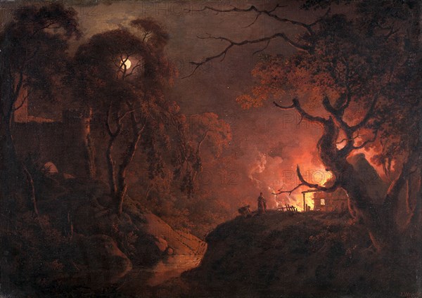 Cottage on Fire at Night Signed and dated, lower right: "J. Wright. | 17[??]", Joseph Wright of Derby, 1734-1797, British