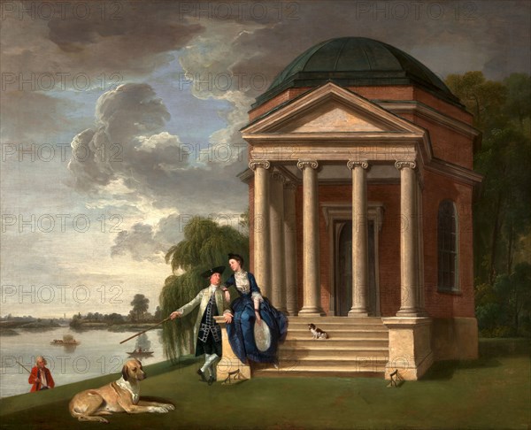 David Garrick and his wife by his Temple to Shakespeare, Hampton Mr and Mrs Garrick by the Shakespeare Temple at Hampton, Johan Joseph Zoffany, 1733-1810, German