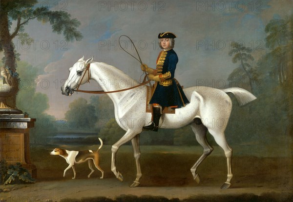 Sir Roger Burgoyne Riding 'Badger' Sir Roger Buroyne Upon His Favourite Horse Badger, With His Bitch Juno Inscribed, in artist's hand, in brown paint, lower left: "Sr Roger Burgoyne | Bart | Upon His Favorite | Horse Badger wth. His Bitch Juno." Dated in brown paint, lower left: "1740" [in later hand?], James Seymour, 1702-1752, British