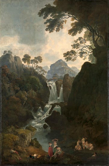 A Waterfall with Bathers Signed and dated in red paint, lower center right: "Julius Ibbetson [...] | March 1811.", Julius Caesar Ibbetson, 1759-1817, British