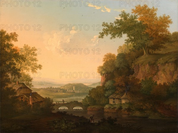 A River Scene with Thatched Huts by a Bridge over a Weir Signed and dated in ocher-color frame, lower right: "Ja: Lambert Lewes 1767", James Lambert of Lewes, 1725-1788, British