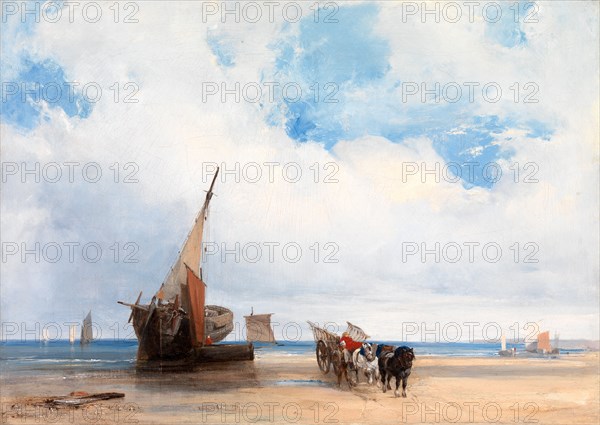 Beached Vessels and a Wagon, near Trouville, France A Coast Scene in Northern France with a Horse and Waggon, c. 1824-6 Beached Vessels and a Wagon near Trouville, Richard Parkes Bonington, 1802-1828, British