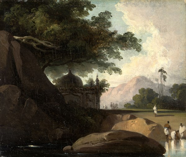 Indian Landscape with Temple Figures Washing Clothes by an Indian Temple, India, George Chinnery, 1774-1852, British