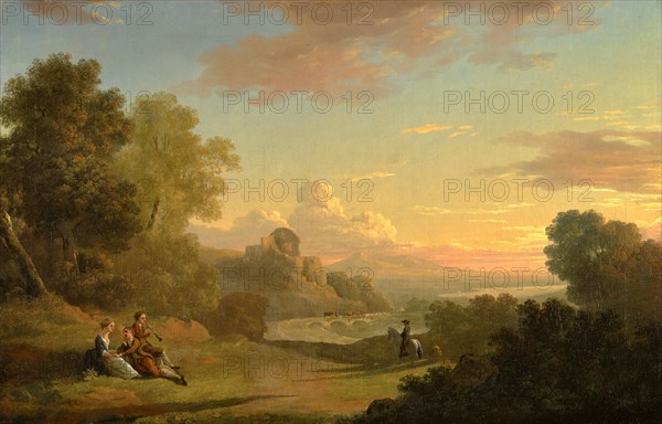 An Imaginary Landscape with a Traveller and Figures Overlooking the Bay of Baiae Signed and dated in green paint, very faint, lower right: "[...] Jones | 1773", Thomas Jones, 1742-1803, British