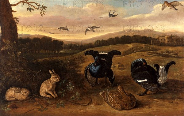 Black Game, Rabbits, and Swallows in a Park Black Game, Rabbits and Swallows in the Park of a Country House Signed in light brown paint, lower left: "L Knyff", Leonard Knyff, 1650-1721, Dutch