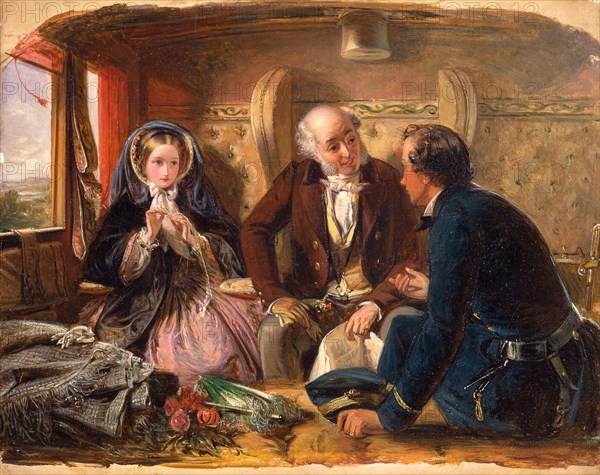 First Class - The Meeting. "And at first meeting loved." Railway journey, travel by train, Signed and dated in red paint, lower right: "A Solomon. 1855", Abraham Solomon, 1824-1862, British