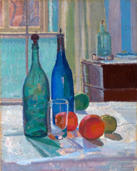 Blue and Green Bottles and Oranges Signed, lower right: "S. F. Gore [enclosed in rectangle]", Spencer Frederick Gore, 1878-1914, British