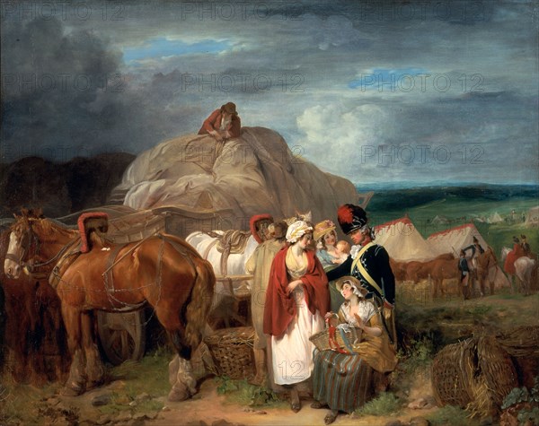 Soldier with Country Women Selling Ribbons, near a Military Camp A Scene at a Camp with a Soldier Buying Ribbons, 'The Departure from Brighton' Signed and dated in yellow paint, lower right: "Fr. Wheatley | 178[?]", Francis Wheatley, 1747-1801, British