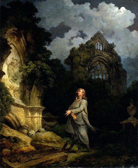 Visitor to a Moonlit Churchyard A Philosopher in a Moonlit Churchyard Signed and dated, lower left to lower center: "P.[?]De Loutherbourgh 1790", Philippe-Jacques de Loutherbourg, 1740-1812, French