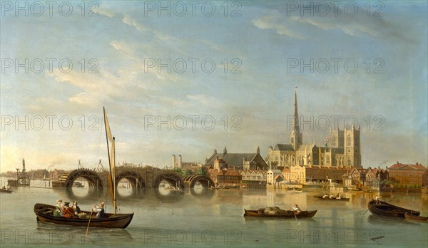 London, the Building of Westminster Bridge Westminster Bridge under construction The Building of Westminster Bridge with an Imaginary View of Westminster Abbey, Samuel Scott, ca. 1702-1772, British