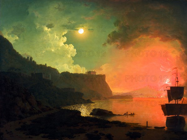 Vesuvius from Posillipo Vesuvius in Eruption, seen from Posilippo A Picture of a distance View of Vesuvius from the Shore of Posilipo Italy painted on panel, Joseph Wright of Derby, 1734-1797, British