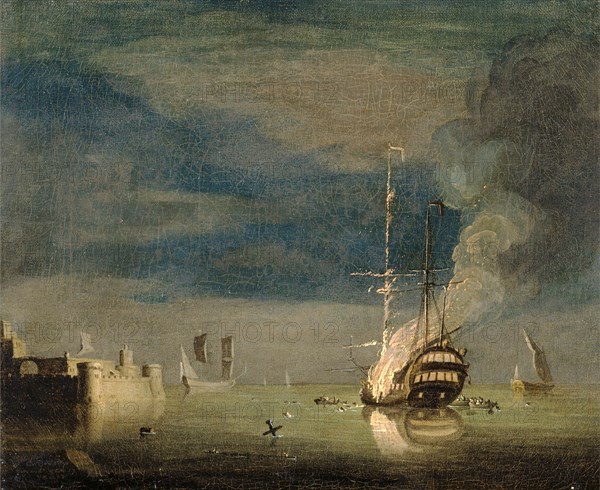 A Two-Decker on Fire at Night off a Fort Inscribed, lower left: "Aged 17 Years" Signed, lower left: "C Brooking [P??]", Charles Brooking, 1723-1759, British