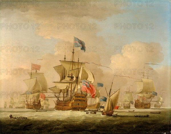 British Men-of-War and a Sloop Signed and dated lower left: "[?] Monamy 17[??]", Peter Monamy, 1681-1749, British