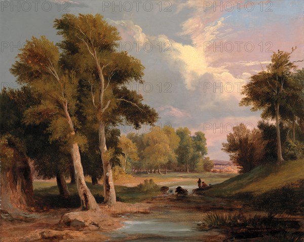 A Wooded River Landscape with Fishermen Signed and dated in black paint, lower right: "J O'Connor | 18[...]", James Arthur O'Connor, 1792-1841, Irish