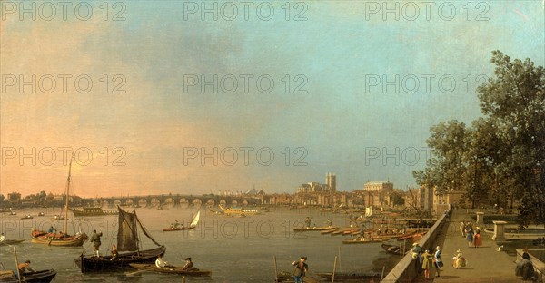 The Thames from the Terrace of Somerset House, Looking toward Westminster London The City of Westminster from the Terrace of Somerset House View of the River Thames, from the Terrace of Somerset House Gardens, Looking towards Westminster Bridge, Canaletto, 1697-1768, Italian