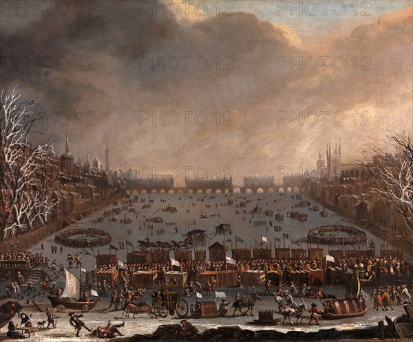 Frost Fair on the Thames, with Old London Bridge in the distance, London, unknown artist, 17th century, British