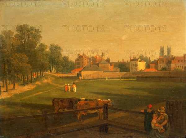 A Western View of part of Westminster and Bird Cage Walk taken from the Mill House..., Signed and dated lower left on fence: "G [?] Arnald 1808", George Arnald, 1763-1841, British