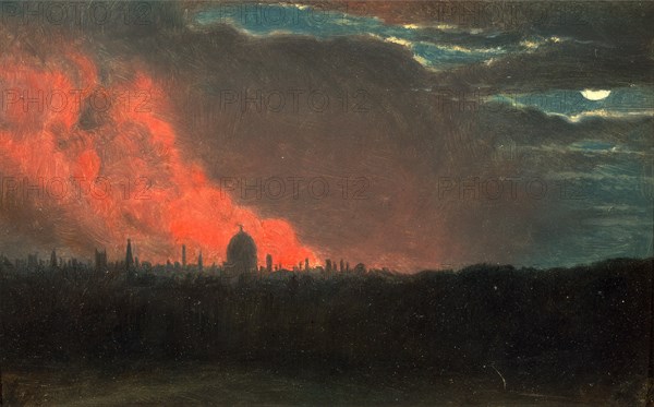 Fire in London, Seen from Hampstead The Burning of the Houses of Parliament Fire at the House of Parliament, Oct. 16, 1834, as seen from Hampstead, Attributed to John Constable, 1776-1837, British