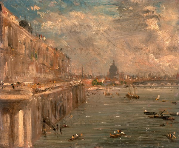 London, Somerset House Terrace from Waterloo Bridge Somerset House Terrace and the Thames: a View from the North end of Waterloo Bridge with St. Paul's and Blackfriar's Bridge Somerset House, A View from Waterloo Bridge looking towards St. Paul's and the City, John Constable, 1776-1837, British