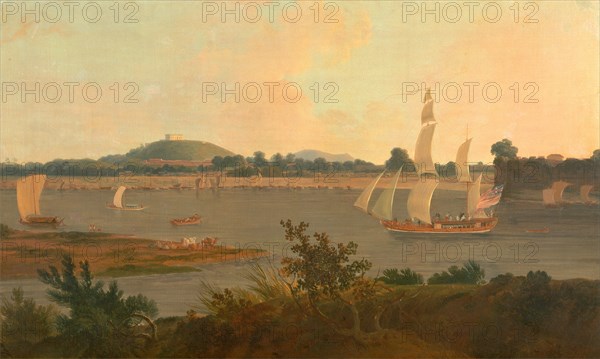 Pinnace sailing down the Ganges past Monghyr Fort Ganges Landscape, Thomas Daniell, 1749-1840, British
