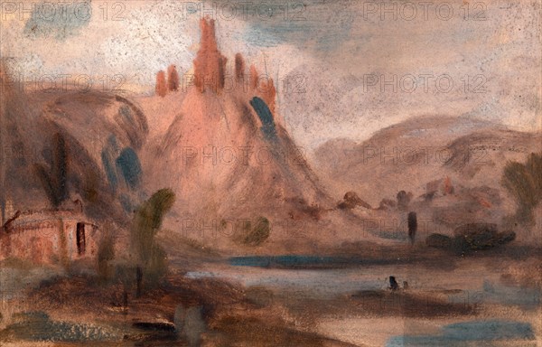 ?Petit Andeleys on the Seine Landscape with a Castle on a Hill, unknown artist, 19th century, British