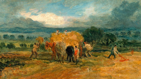 A Harvest Scene with Workers Loading Hay on to a Farm Wagon Signed, branded on verso: "I W R A", James Ward, 1769-1859, British