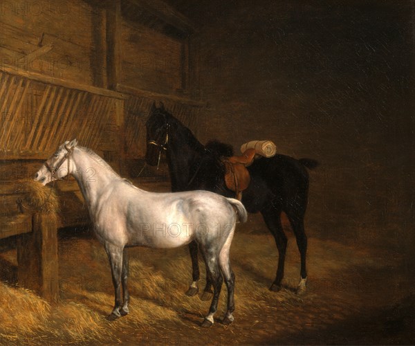 A Grey Pony and a Black Charger in a Stable Signed, lower right: "J. L. Agasse", Jacques-Laurent Agasse, 1767-1849, Swiss
