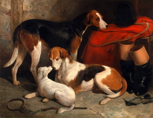 A Couple of Foxhounds with a Terrier, the property of Lord Henry Bentinck Couple of foxhounds, the property of Lord Henry Bentinck, with a Jack Russell terrier A Couple of Lord Henry Bentinck's Foxhounds with a Terrier Signed, lower left: "Willm Barraud", William Barraud, 1810-1850, British