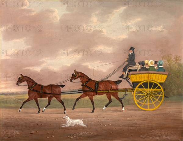 A Gentleman Driving Tandem to a Jaunting Car Going to Church: a coach and four driving along a country road, a dog running alongside, Edwin W. Cooper of Beccles, (previously Edward Cooper), 1785-1833