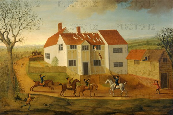 John Sidey and his Hounds at a Farmhouse near Hadleigh, Suffolk Signed and dated in green paint, lower right: "J. Dunthorne | 1765", James Dunthorne, 1730-1815, British