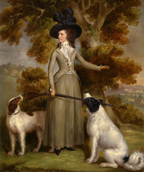 The Countess of Effingham with Gun and Shooting Dogs Signed and dated in black paint, lower left: "Haugh pinx. 1787", George Haugh, active 1777-1818, British