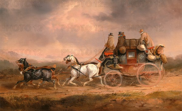 Mail Coaches on the Road: the Louth-London Royal Mail progressing at Speed The Louth to London Coach Signed, lower right: "C[?HD]", Charles Cooper Henderson, 1803-1877, British