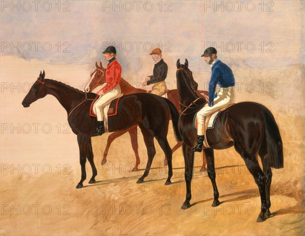 Steeplechase cracks: Allen McDonough on Brunette, Tom Oliver on Discount, and Jem Mason on Lottery Study of Three Steeplechase Cracks: Allen McDonough on Brunette, Tom Oliver on Discount and Jem Mason on Lottery Three Racehorses with Jockeys Up, John Frederick Herring, 1795-1865, British