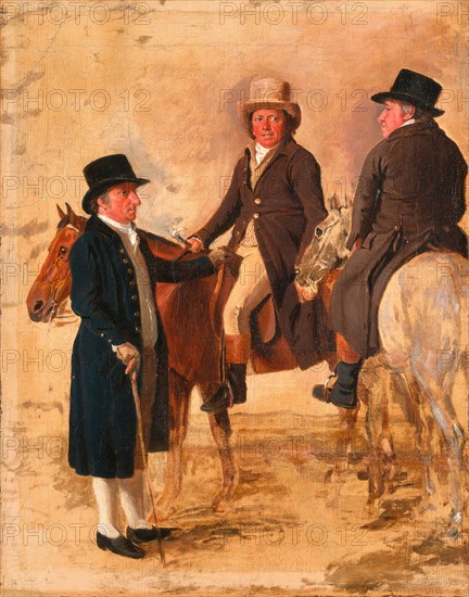 John Hilton, Judge of the Course at Newmarket; John Fuller, Clerk of the Course; and John Stevens, a Trainer Three Worthies of the Turf at Newmarket, c. 1804: John Hilton, Judge of the Course, John Fuller, Clerk of the Course and John Stevens, a Trainer, Benjamin Marshall, 1767-1835, British
